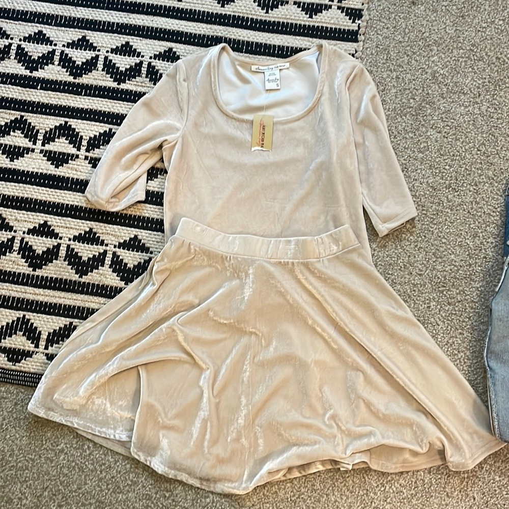 American Rag velvet beige skirt & shirt set